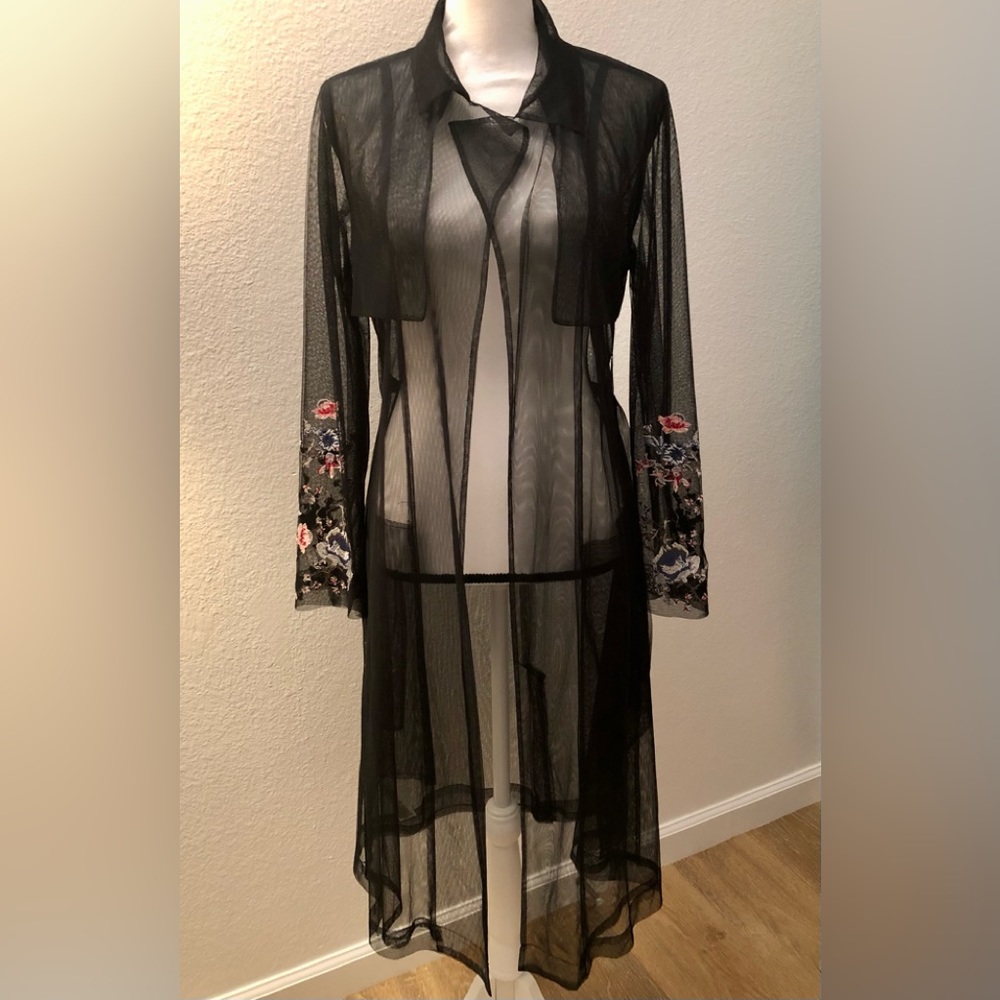 BCBG MaxAzaria Sheer embroidered long lace duster/ trench coat excellent shape